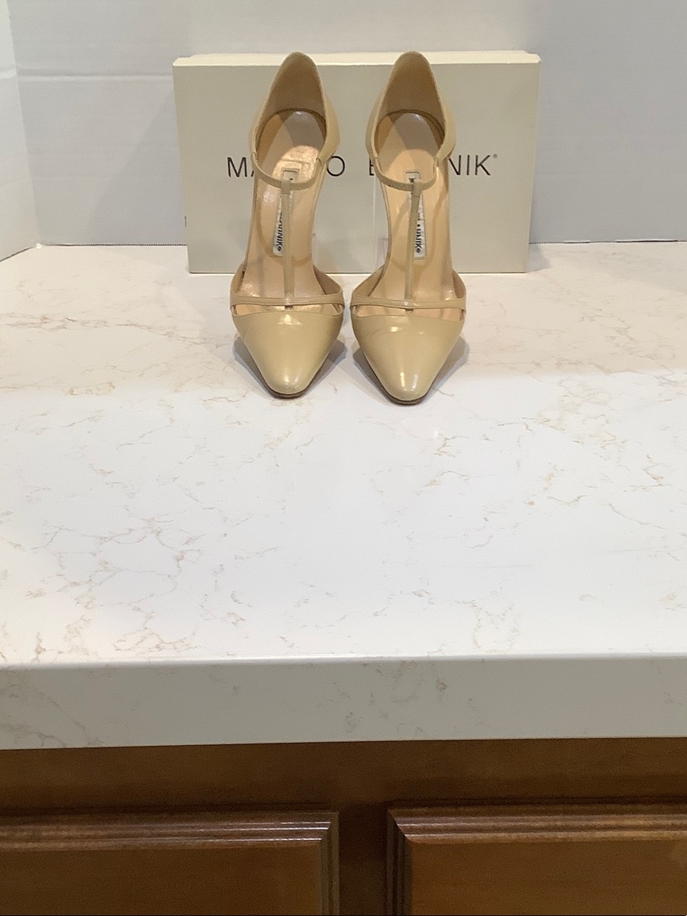 Manolo Blahnik Nude T-Strap Pointed Toe Pumps - Picture 2 of 4